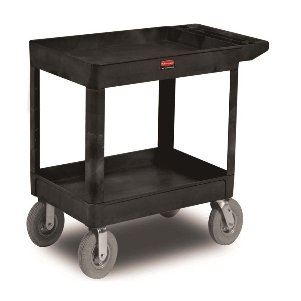 Rubbermaid Brute Heavy-Duty Ergo Handle Utility Cart With Pneumatic Casters, Lipped Shelf, Medium